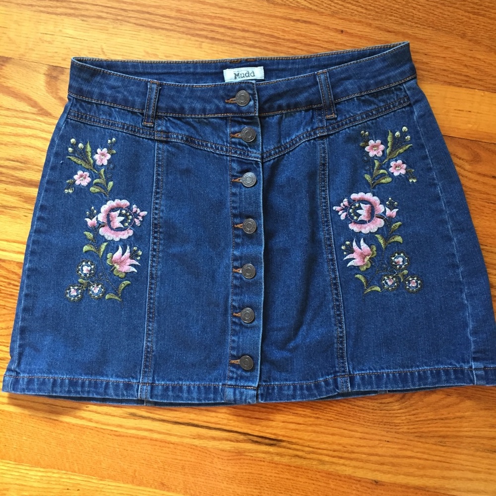 Mudd Denim Mini Skirt with Embroidery